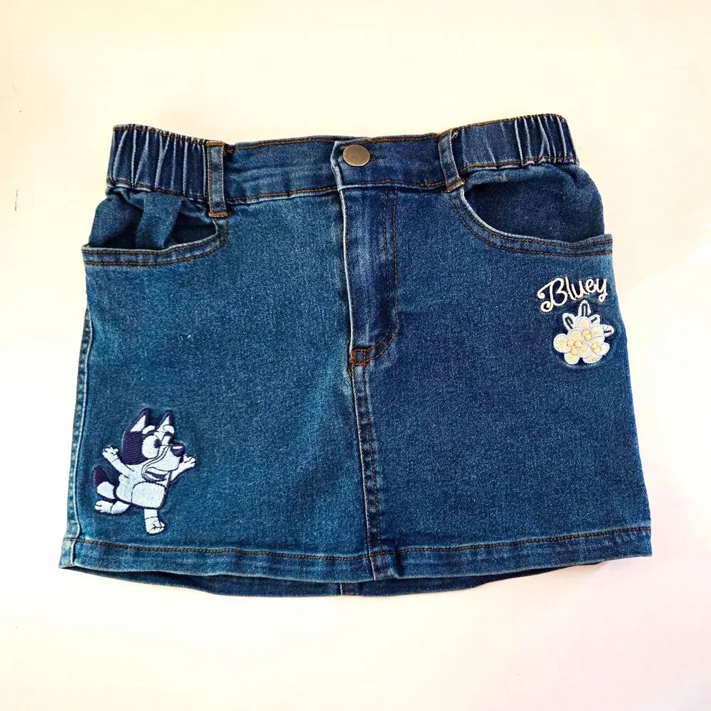 Bluey Girls 5T Blue Denim Mini Skirt Embroidered Cartoon Elastic Waist Pockets